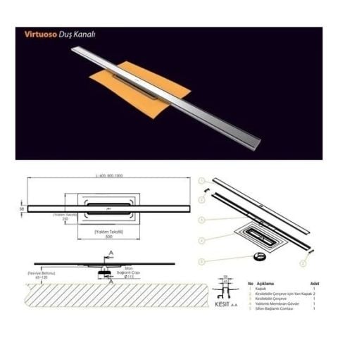 HÜPPE Virtuoso Duş Kanalı 60 Cm Mat 48 Lt Yandan Sifon